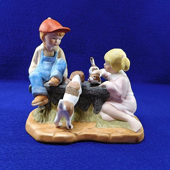 Vintage Paul Sebastian Figurine Boy and Girl With Dogs Bisque Porcelain 1991 - Picture 1 of 9